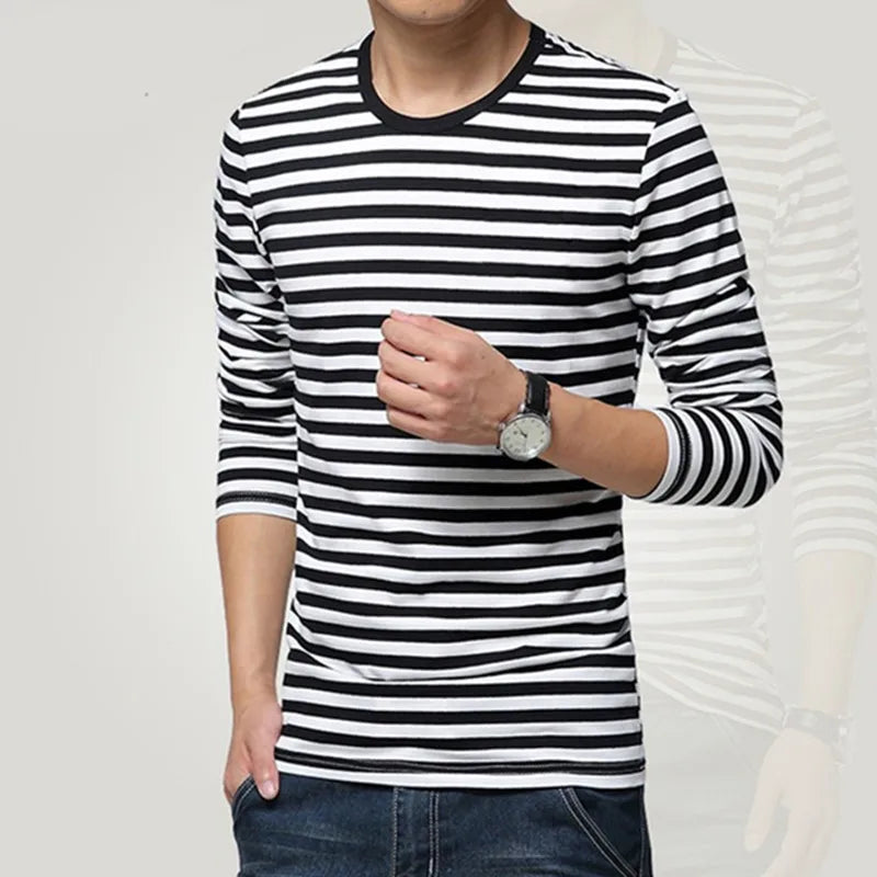 Estilo marinho camisa de manga longa masculina camiseta o pescoço listra t camisa masculina camisa marinha vintage básico 95% algodão camisa
