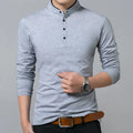 T-shirt monocromática de algodão manga completa para homens, tops longos e camisetas, gola mandarim