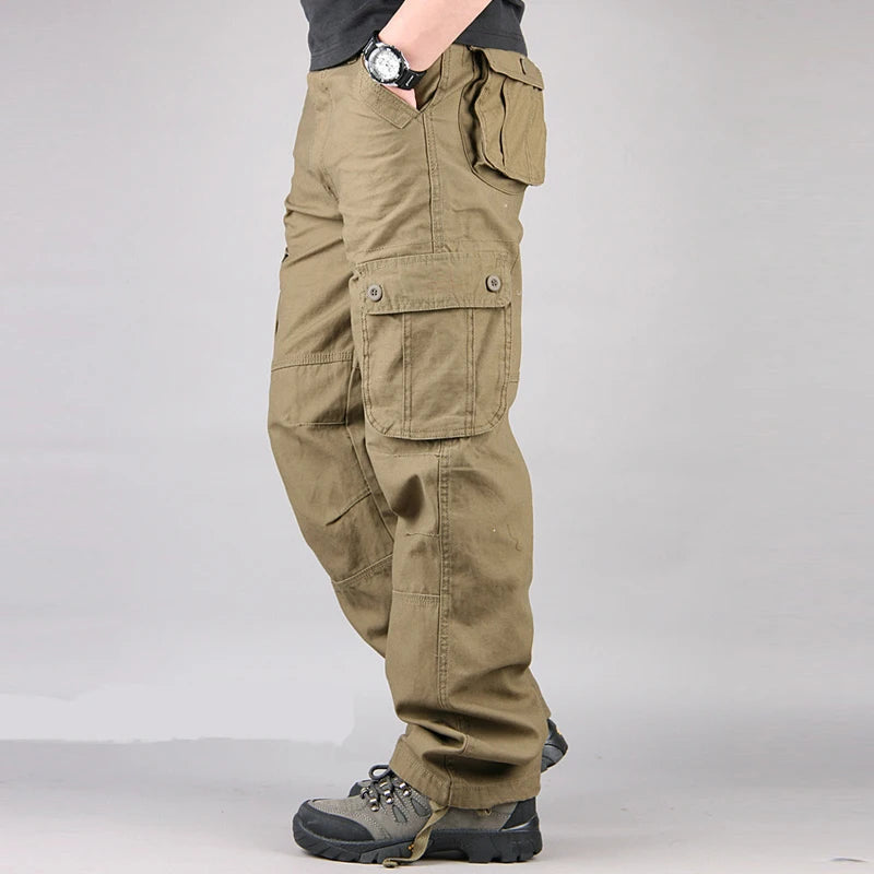 Calça casual masculina com vários bolsos, calça reta solta, outwear esportivo longo, tamanho grande 44, na moda