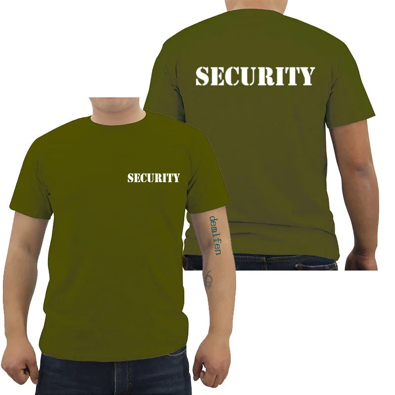 Camiseta masculina de segurança evento pessoal preto dupla face algodão de alta qualidade casual manga curta camisas masculinas hip hop camisetas topos