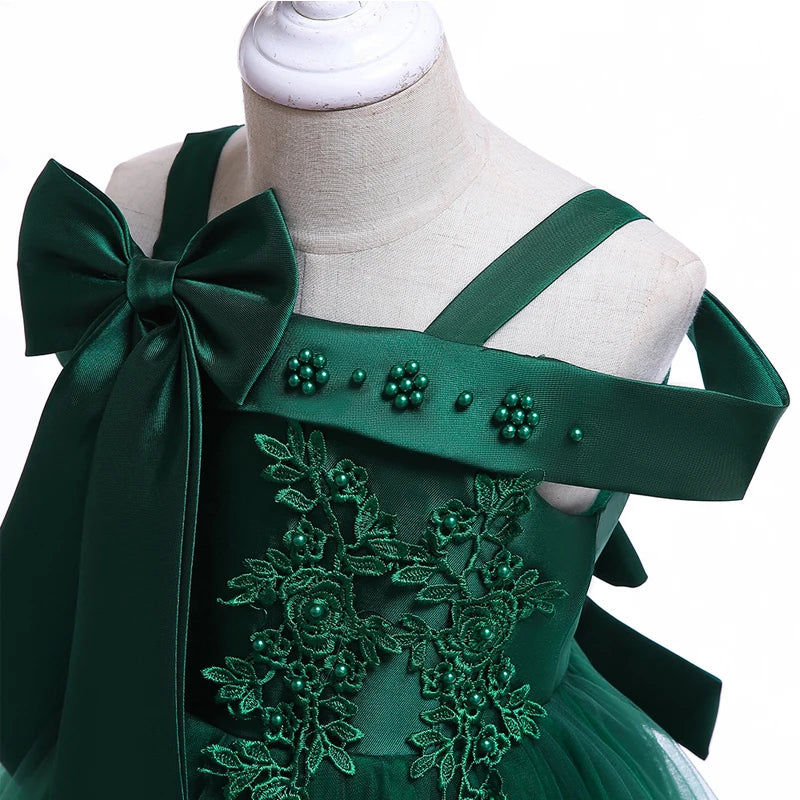 Apliques Femininos Flor Elegante Vestido de Noiva com Laço, Vestidos de Festa de Natal Infantil, 3 a 10 anos