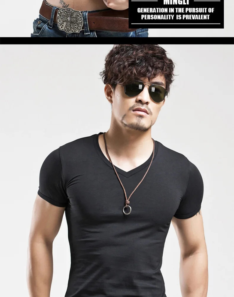Camiseta Masculina Nova 2026, Gola V, Manga Curta, Moda Fitness, Tamanho 5XL