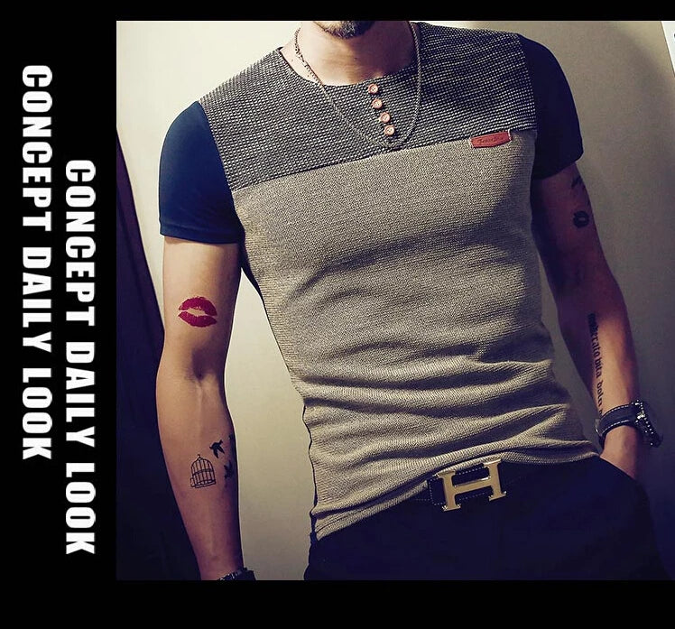 Moda verão masculina t camisa casual retalhos manga curta t camisa roupas masculinas tendência casual fino ajuste hip-hop topo t 5xl