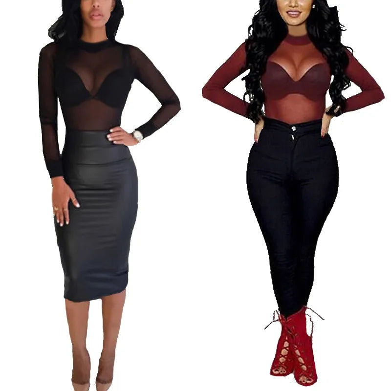 Camiseta feminina sexy ver através de malha transparente topos manga longa pura magro senhoras gola alta camiseta