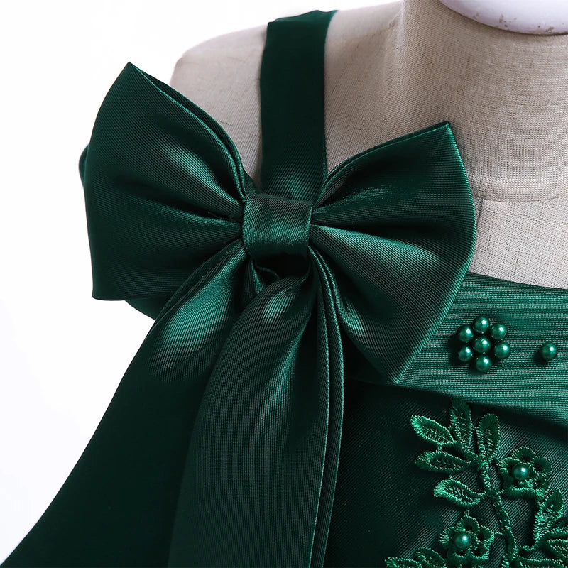 Apliques Femininos Flor Elegante Vestido de Noiva com Laço, Vestidos de Festa de Natal Infantil, 3 a 10 anos
