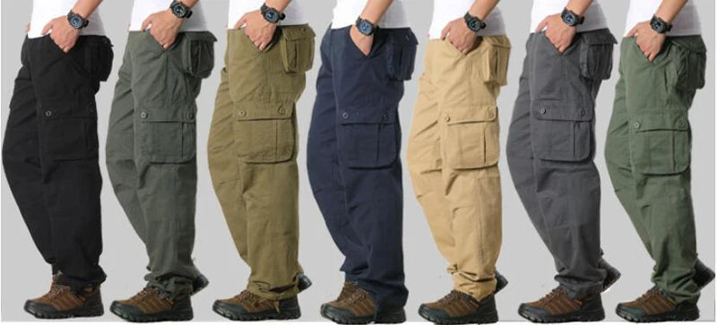 Calça casual masculina com vários bolsos, calça reta solta, outwear esportivo longo, tamanho grande 44, na moda