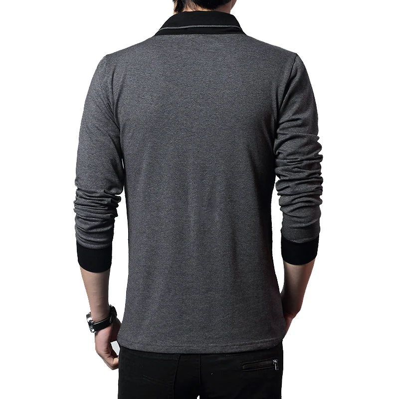 Camiseta Masculina Slim Fit de Manga Longa com Gola em Patchwork e Decote V, Tendência de Moda 2026, Camiseta de Algodão Plus Size 5XL