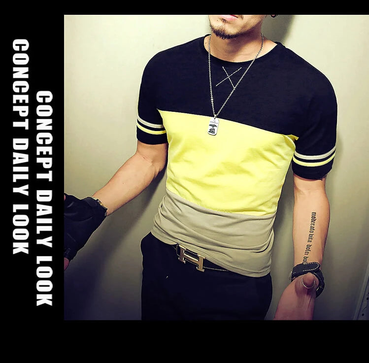Moda verão masculina t camisa casual retalhos manga curta t camisa roupas masculinas tendência casual fino ajuste hip-hop topo t 5xl