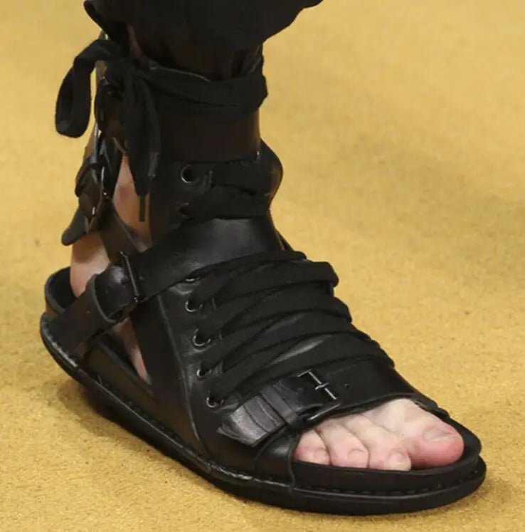 Tuziblobo sandálias masculinas de couro legítimo, roma, sapatos preto, sandálias gladiador, high-top, chinelos de verão para homens