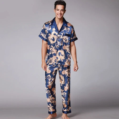 Conjunto de pijama de seda cetim estampado masculino, mangas curtas, calças compridas, pijamas masculinos, loungewear verão, outono, SSH021