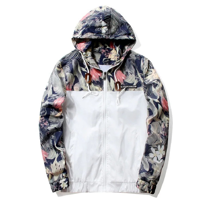 Jaqueta leve com capuz, corta-vento, roupas esportivas, jaquetas bomber, casacos casuais, outwear, moda, flores