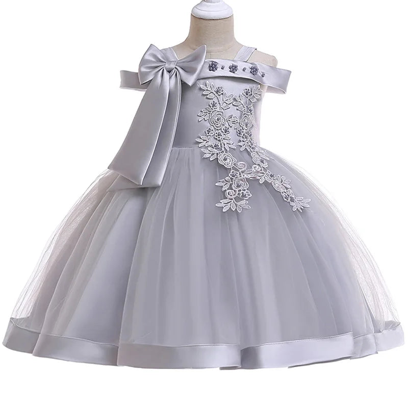 Apliques Femininos Flor Elegante Vestido de Noiva com Laço, Vestidos de Festa de Natal Infantil, 3 a 10 anos