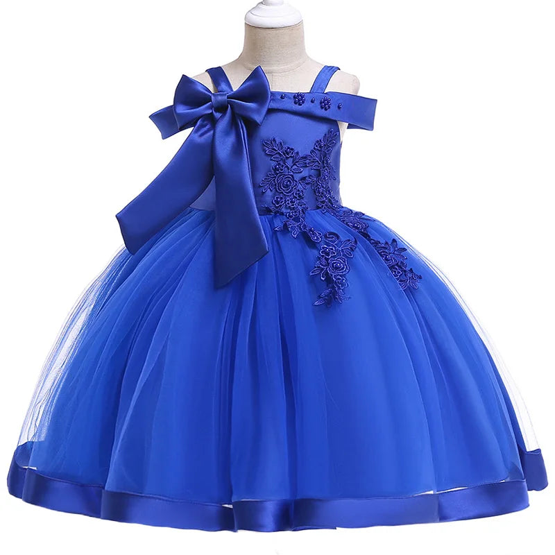Apliques Femininos Flor Elegante Vestido de Noiva com Laço, Vestidos de Festa de Natal Infantil, 3 a 10 anos