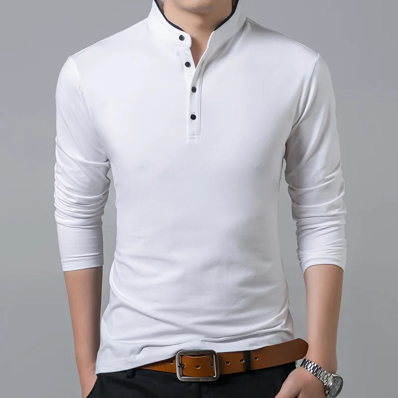 T-shirt monocromática de algodão manga completa para homens, tops longos e camisetas, gola mandarim