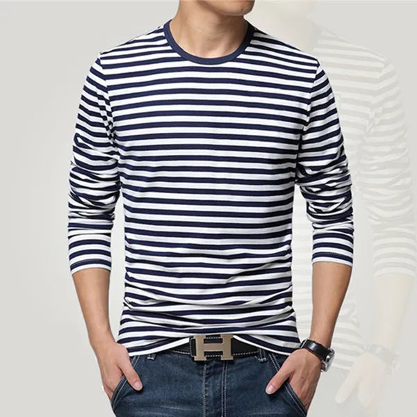 Estilo marinho camisa de manga longa masculina camiseta o pescoço listra t camisa masculina camisa marinha vintage básico 95% algodão camisa