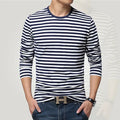 Estilo marinho camisa de manga longa masculina camiseta o pescoço listra t camisa masculina camisa marinha vintage básico 95% algodão camisa