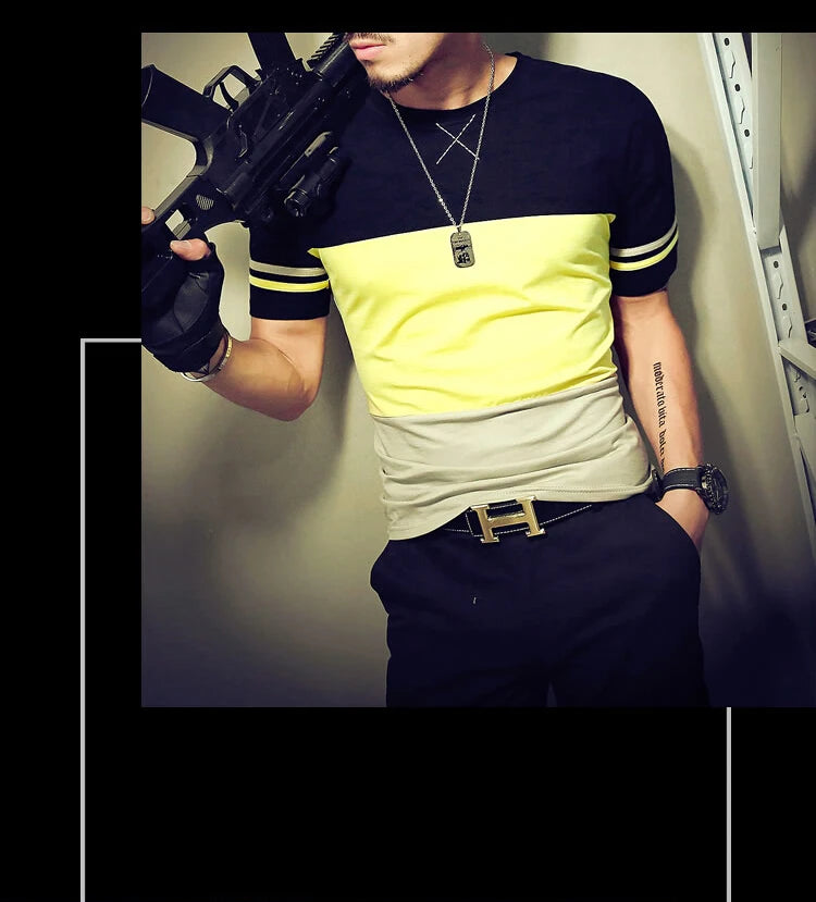 Moda verão masculina t camisa casual retalhos manga curta t camisa roupas masculinas tendência casual fino ajuste hip-hop topo t 5xl