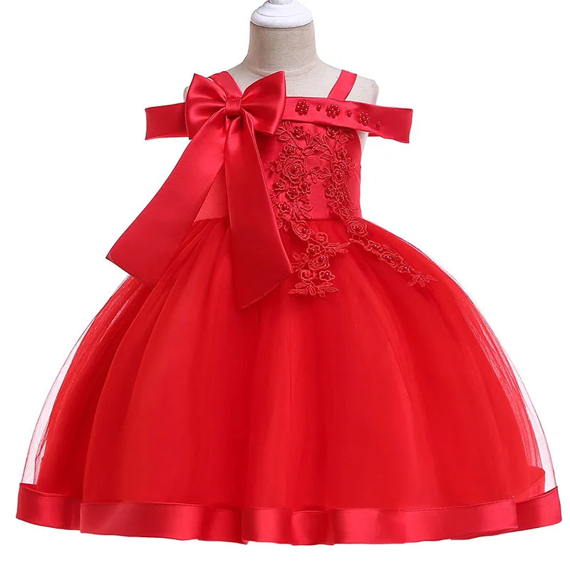 Apliques Femininos Flor Elegante Vestido de Noiva com Laço, Vestidos de Festa de Natal Infantil, 3 a 10 anos