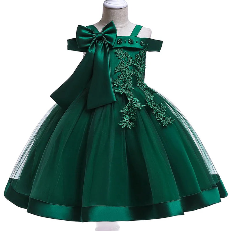 Apliques Femininos Flor Elegante Vestido de Noiva com Laço, Vestidos de Festa de Natal Infantil, 3 a 10 anos