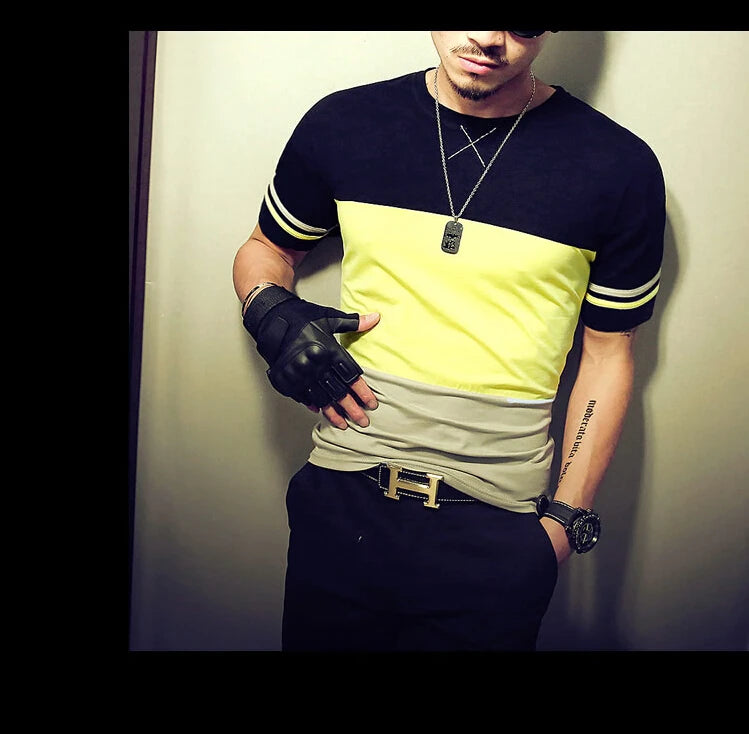 Moda verão masculina t camisa casual retalhos manga curta t camisa roupas masculinas tendência casual fino ajuste hip-hop topo t 5xl