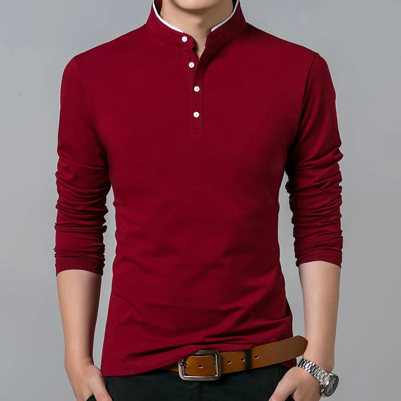T-shirt monocromática de algodão manga completa para homens, tops longos e camisetas, gola mandarim