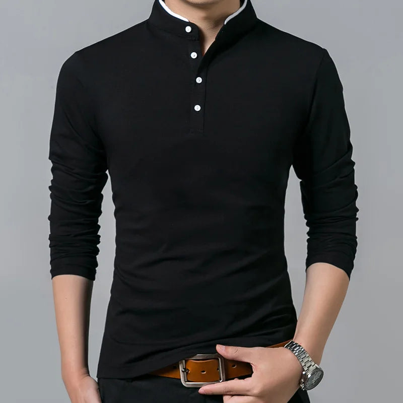 T-shirt monocromática de algodão manga completa para homens, tops longos e camisetas, gola mandarim