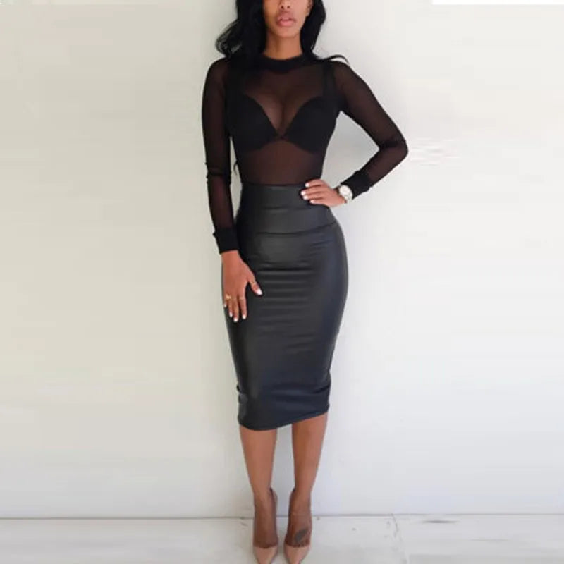Camiseta feminina sexy ver através de malha transparente topos manga longa pura magro senhoras gola alta camiseta