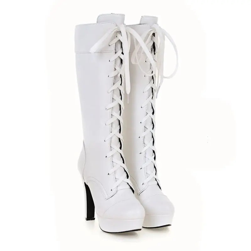 Qplyxco joelho botas altas femininas nova moda pequena tamanho grande 31-45 outono inverno quente rendas até salto alto botas de plataforma longa M-20