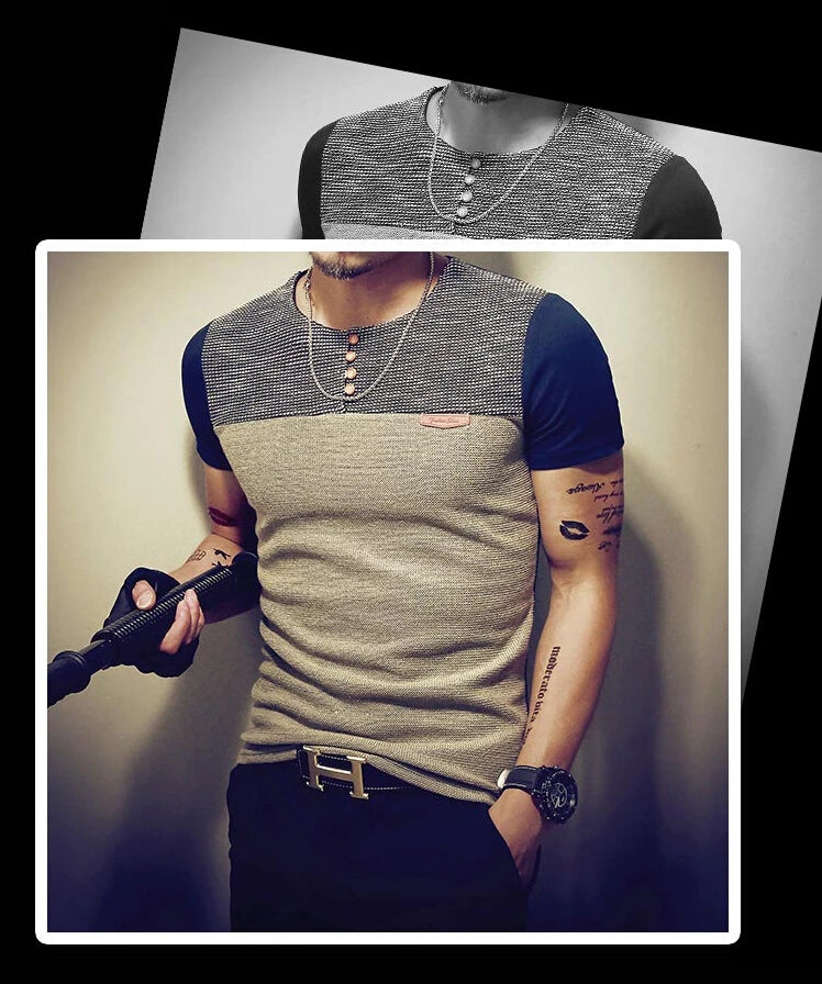 Moda verão masculina t camisa casual retalhos manga curta t camisa roupas masculinas tendência casual fino ajuste hip-hop topo t 5xl