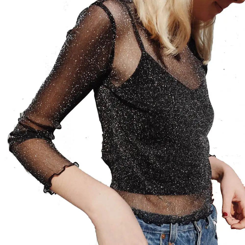 Sexy malha brilhante manga longa t camisa feminina primavera transparente clube festa preto camisetas sexy fino o pescoço curto topos