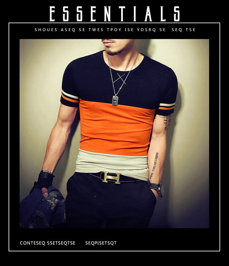 Moda verão masculina t camisa casual retalhos manga curta t camisa roupas masculinas tendência casual fino ajuste hip-hop topo t 5xl