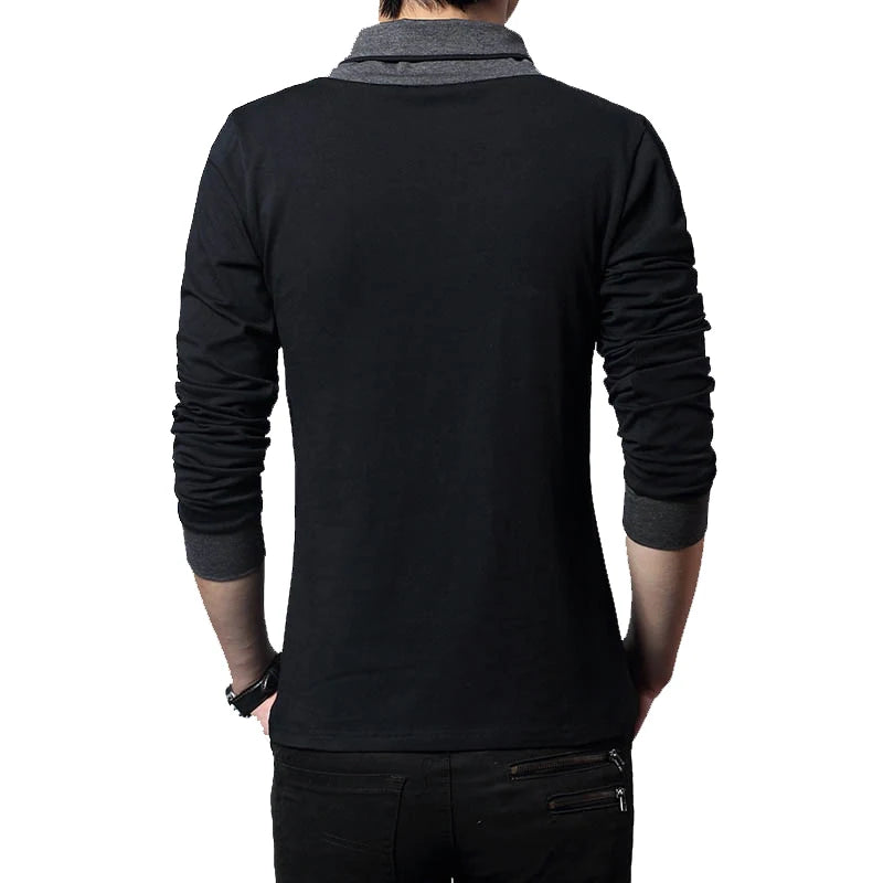 Camiseta Masculina Slim Fit de Manga Longa com Gola em Patchwork e Decote V, Tendência de Moda 2026, Camiseta de Algodão Plus Size 5XL