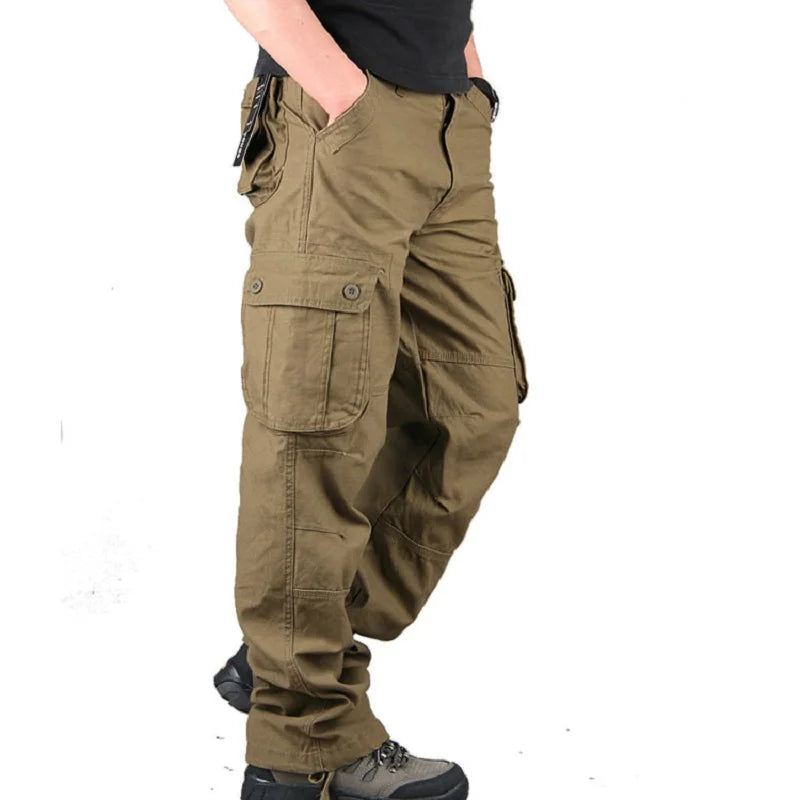 Calças de carga masculinas de algodão casual multi bolsos calças de trabalho tático outerwear calças retas calças compridas para roupas masculinas