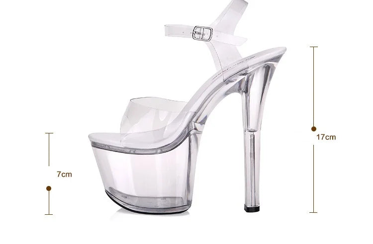 Sandálias de dança de tubo de aço feminino qualidade salto ultra-alto 9-20cm transparente cristal senhora sapatos modelo passarela grande quintal