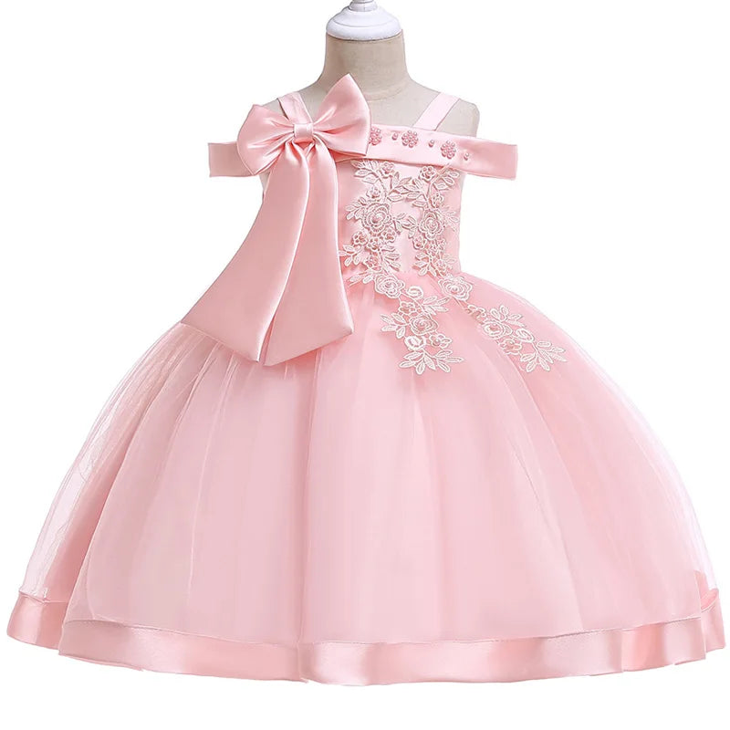 Apliques Femininos Flor Elegante Vestido de Noiva com Laço, Vestidos de Festa de Natal Infantil, 3 a 10 anos
