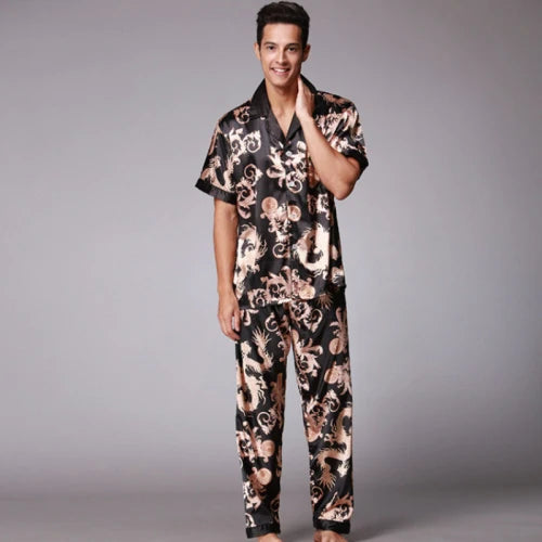 Conjunto de pijama de seda cetim estampado masculino, mangas curtas, calças compridas, pijamas masculinos, loungewear verão, outono, SSH021
