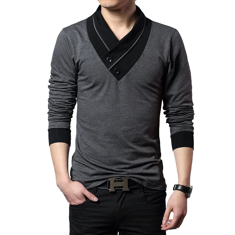 Camiseta Masculina Slim Fit de Manga Longa com Gola em Patchwork e Decote V, Tendência de Moda 2026, Camiseta de Algodão Plus Size 5XL