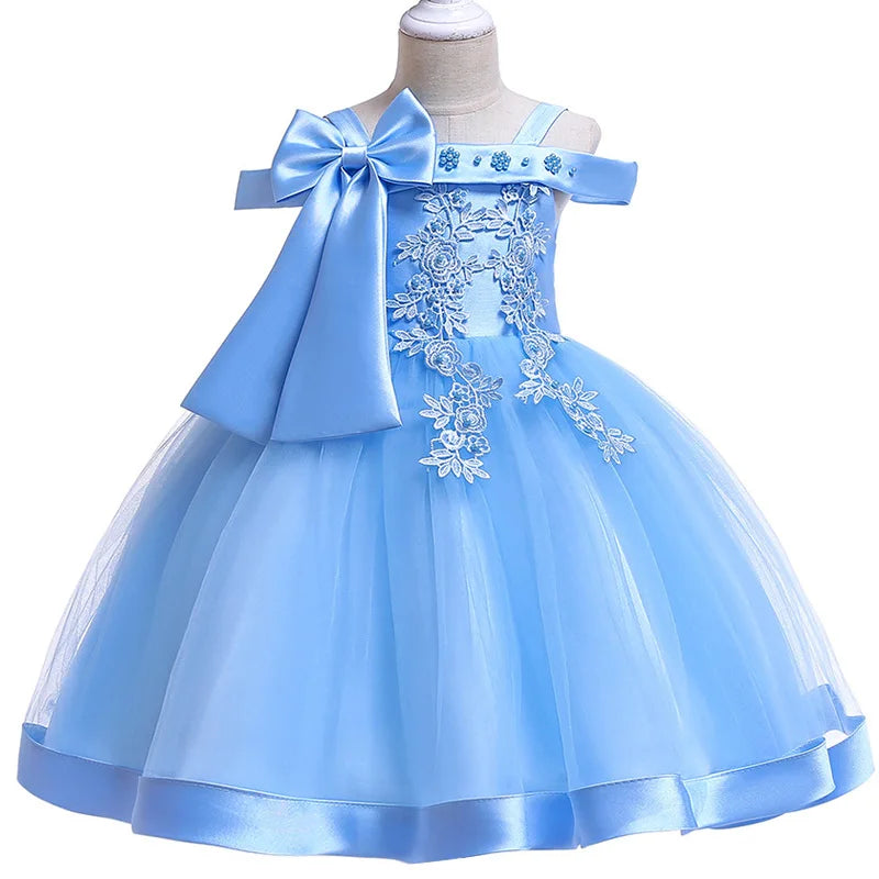 Apliques Femininos Flor Elegante Vestido de Noiva com Laço, Vestidos de Festa de Natal Infantil, 3 a 10 anos