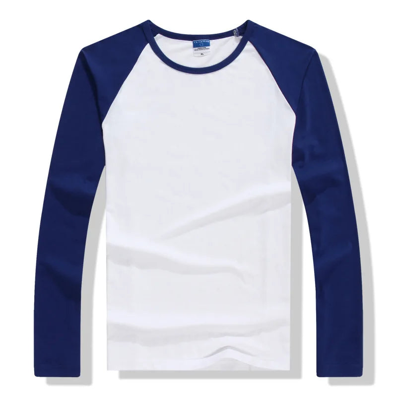 Camiseta Masculina de Manga Longa Outono Inverno 2026, Gola Redonda em Cores Contrastantes, Algodão, Casual, Slim Fit, Raglan