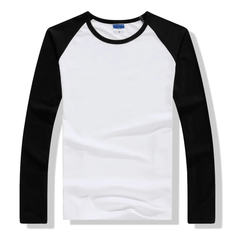 Camiseta Masculina de Manga Longa Outono Inverno 2026, Gola Redonda em Cores Contrastantes, Algodão, Casual, Slim Fit, Raglan