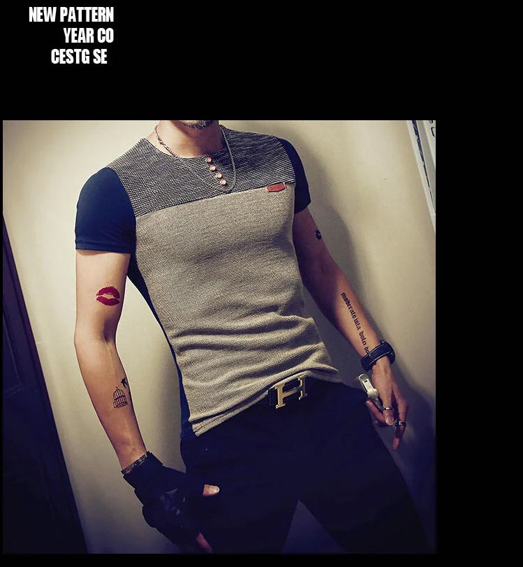 Moda verão masculina t camisa casual retalhos manga curta t camisa roupas masculinas tendência casual fino ajuste hip-hop topo t 5xl