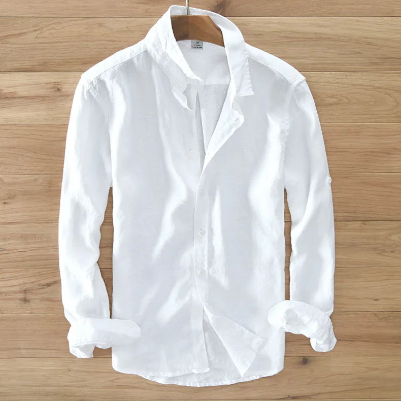 Novo designer itália estilo 100% linho camisa de manga comprida masculina marca casual 5 cores camisas brancas sólidas para homens topo chemise