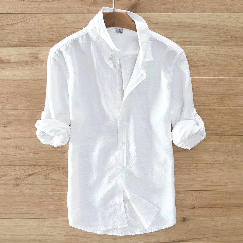 Novo designer itália estilo 100% linho camisa de manga comprida masculina marca casual 5 cores camisas brancas sólidas para homens topo chemise