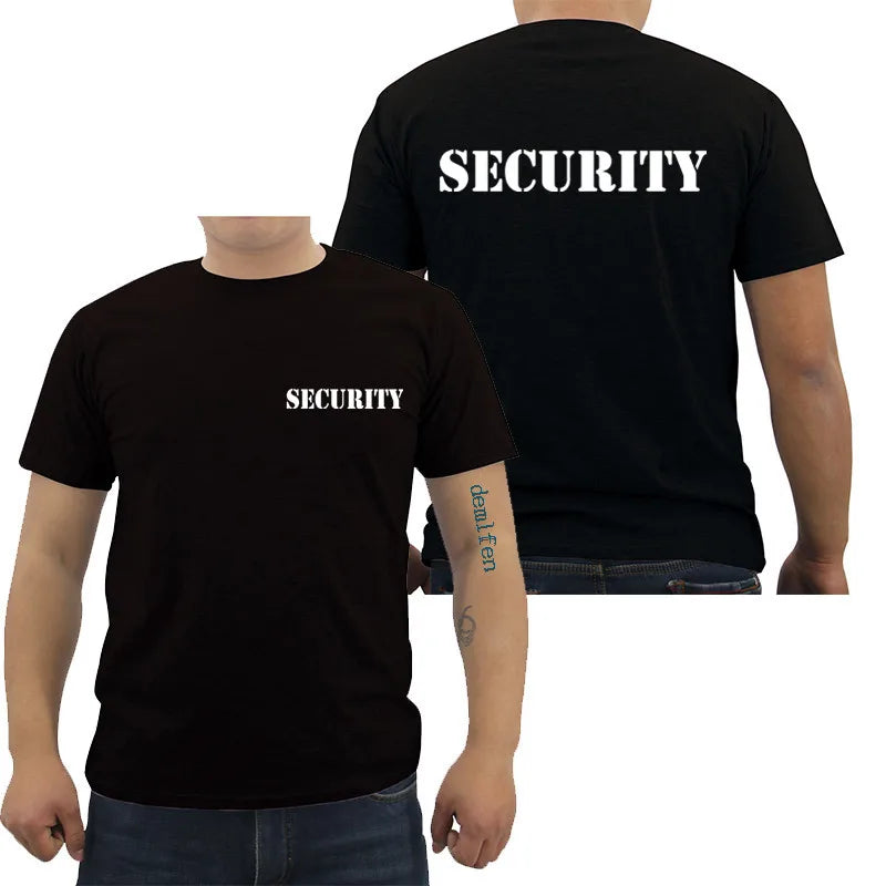 Camiseta masculina de segurança evento pessoal preto dupla face algodão de alta qualidade casual manga curta camisas masculinas hip hop camisetas topos