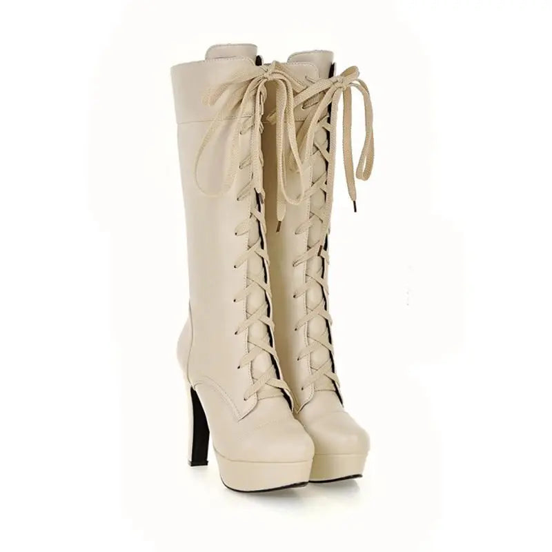 Qplyxco joelho botas altas femininas nova moda pequena tamanho grande 31-45 outono inverno quente rendas até salto alto botas de plataforma longa M-20