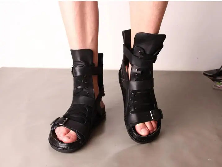 Tuziblobo sandálias masculinas de couro legítimo, roma, sapatos preto, sandálias gladiador, high-top, chinelos de verão para homens
