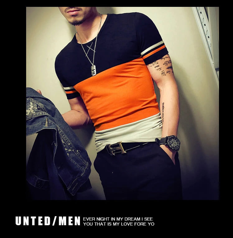 Moda verão masculina t camisa casual retalhos manga curta t camisa roupas masculinas tendência casual fino ajuste hip-hop topo t 5xl