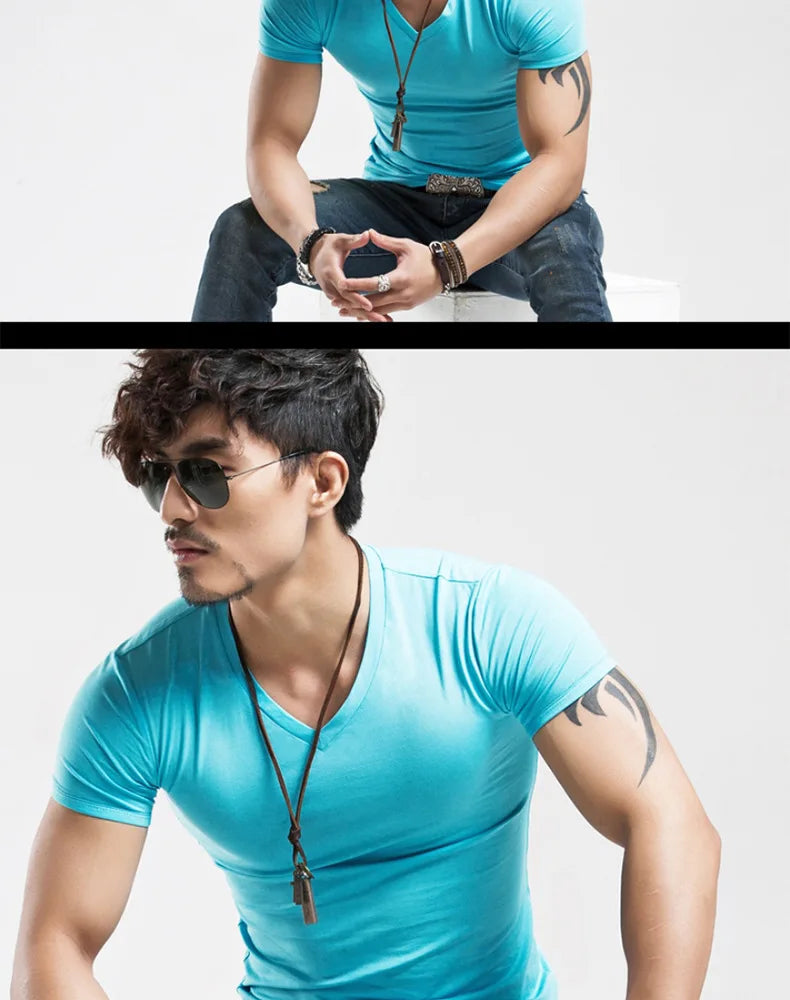 Camiseta Masculina Nova 2026, Gola V, Manga Curta, Moda Fitness, Tamanho 5XL