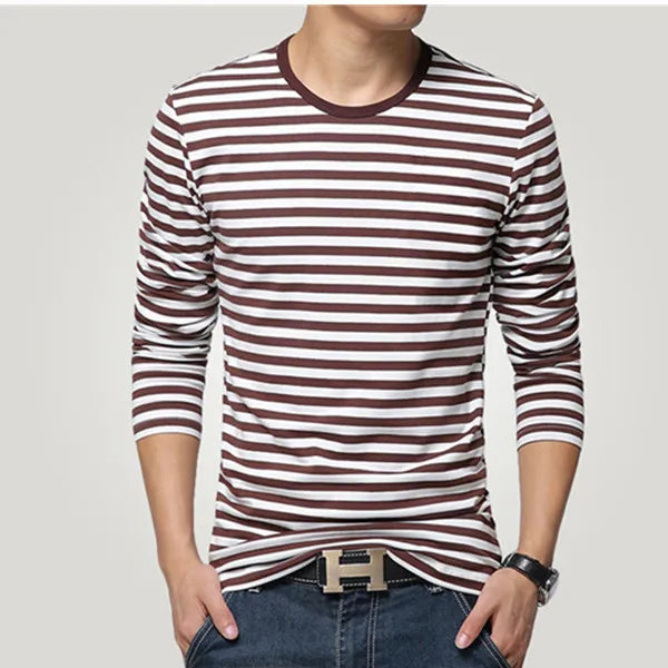 Estilo marinho camisa de manga longa masculina camiseta o pescoço listra t camisa masculina camisa marinha vintage básico 95% algodão camisa