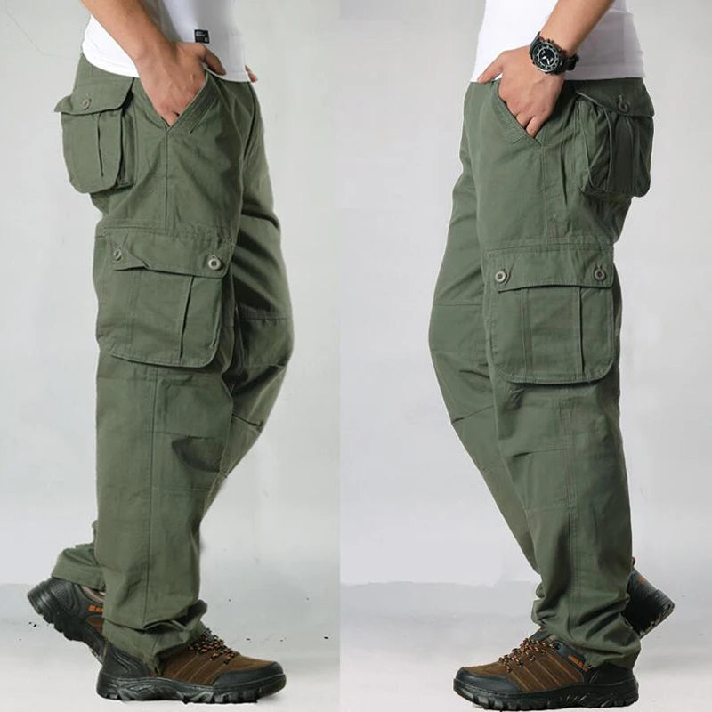 Calça casual masculina com vários bolsos, calça reta solta, outwear esportivo longo, tamanho grande 44, na moda